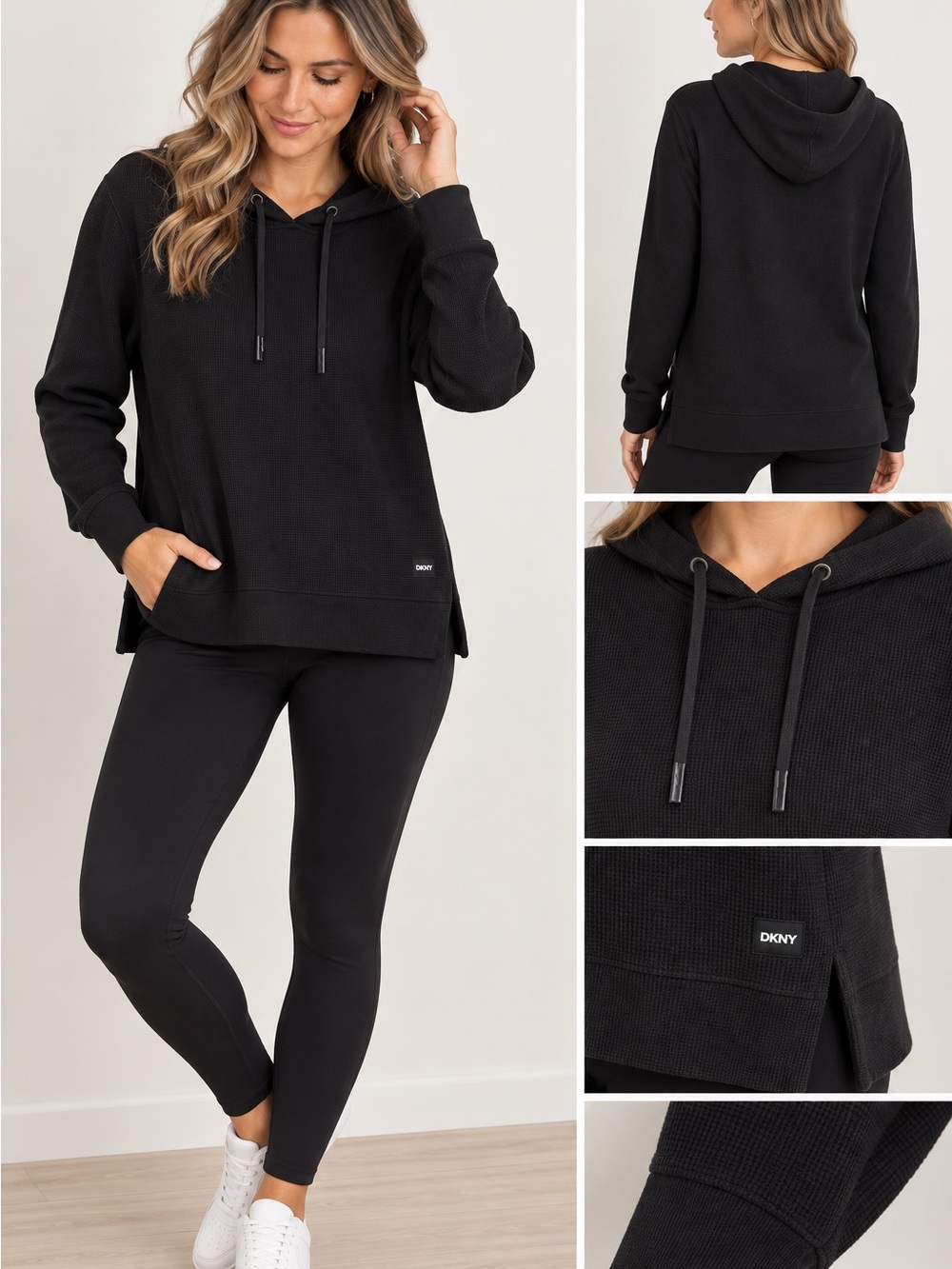 DKNY Black Waffle Knit Hoodie Women’s Lightweight Pullover Athleisure Size L